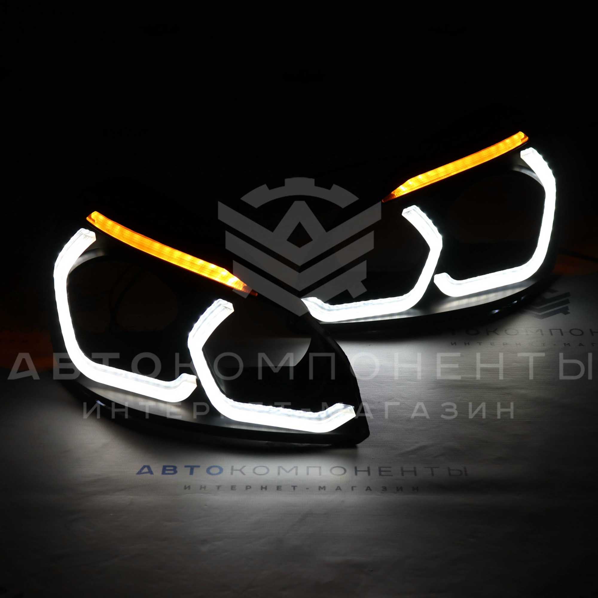 Маски фар Лада Приора в стиле BMW (черные) с поворотниками и ДХО ml234