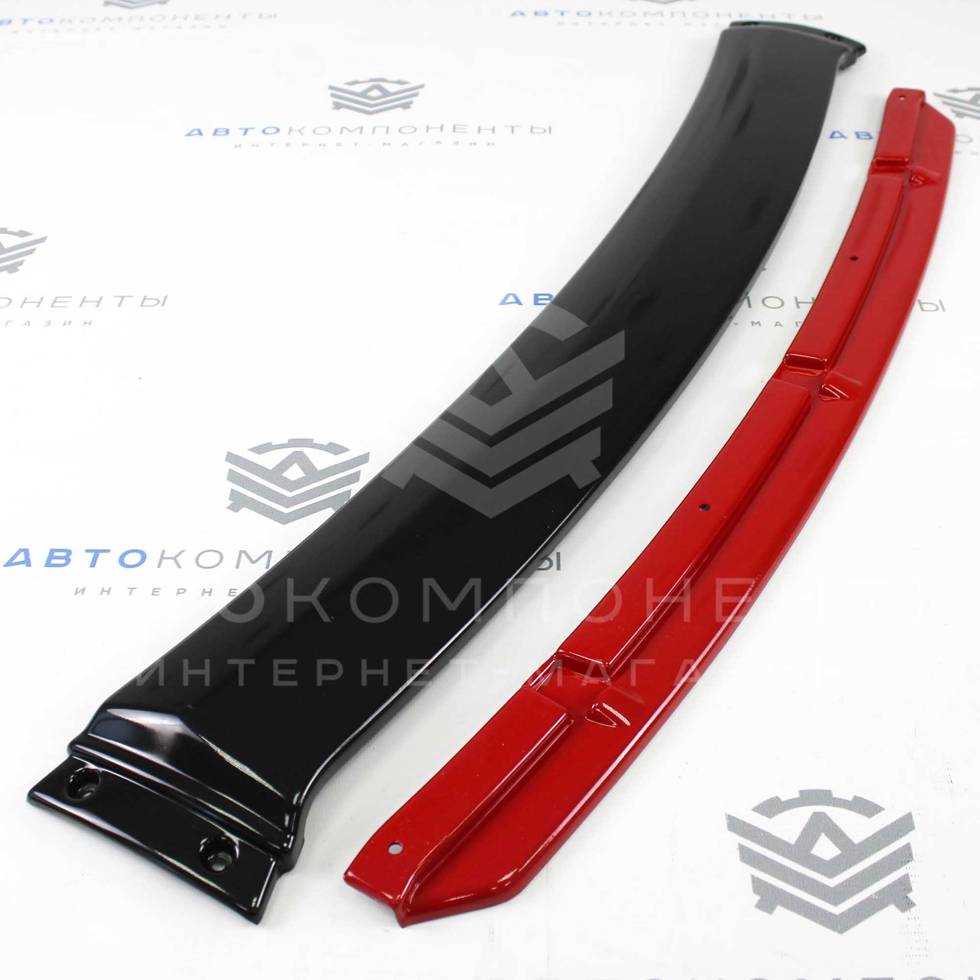 Универсальный сплиттер (вариант №4, с красной серединой) переднего бампера (черный глянец)