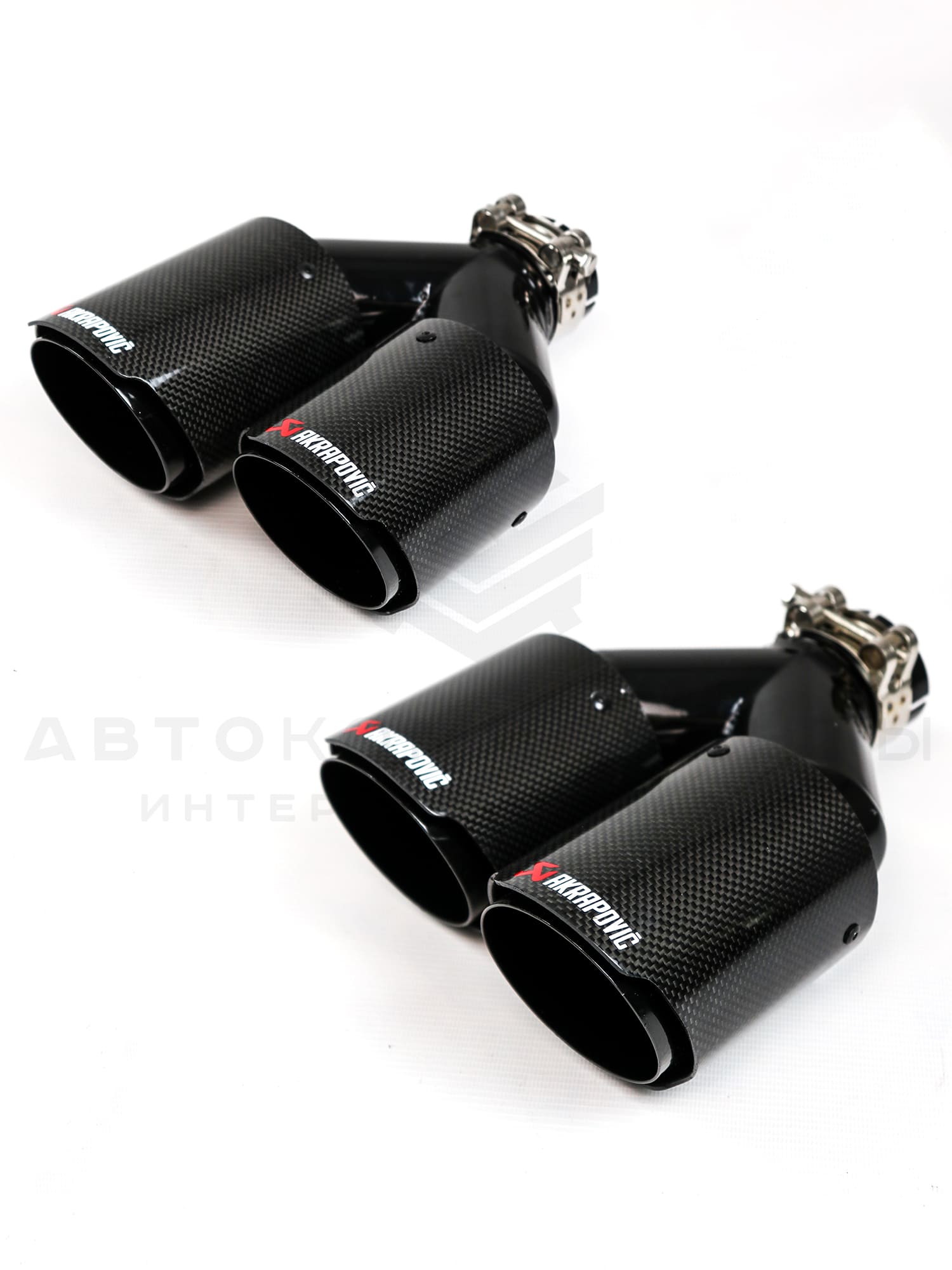 Раздвоенные насадки AKRAPOVIC (открытого типа) на глушитель 51-89мм (карбон, черные) (2 шт)