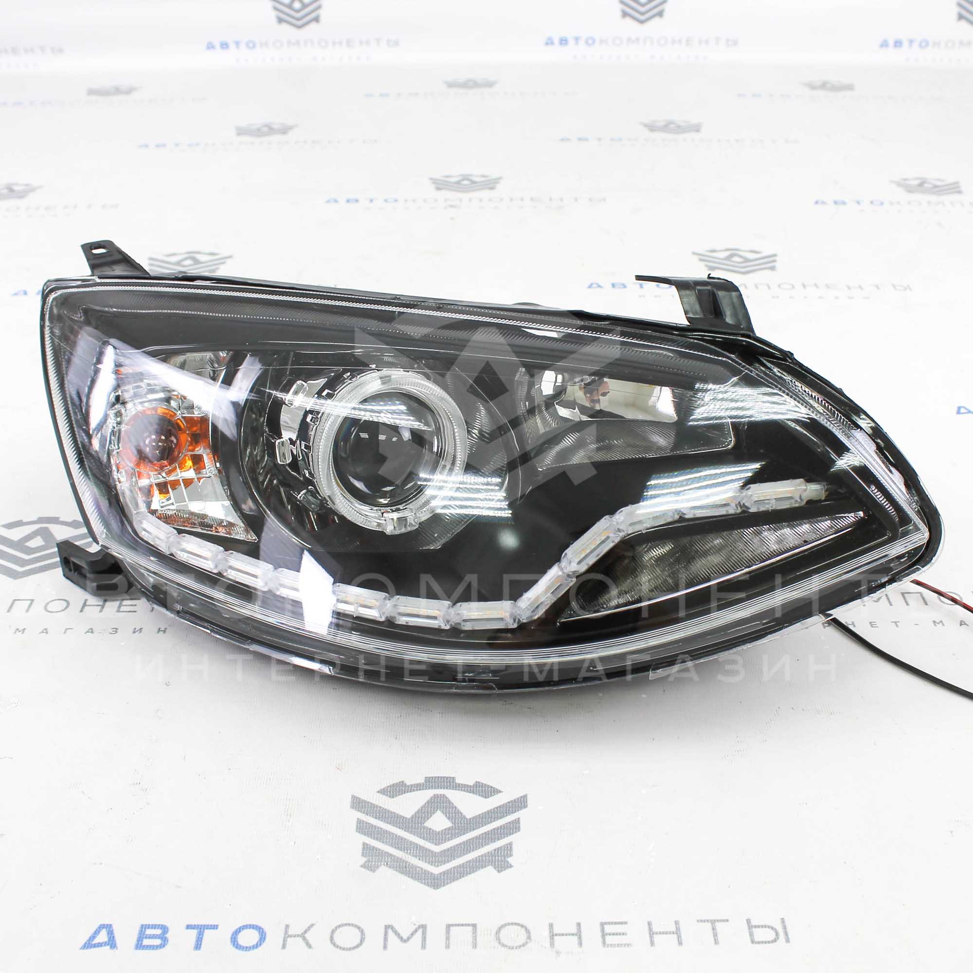 Фары с линзой и ДХО (черные) Лада Калина 2