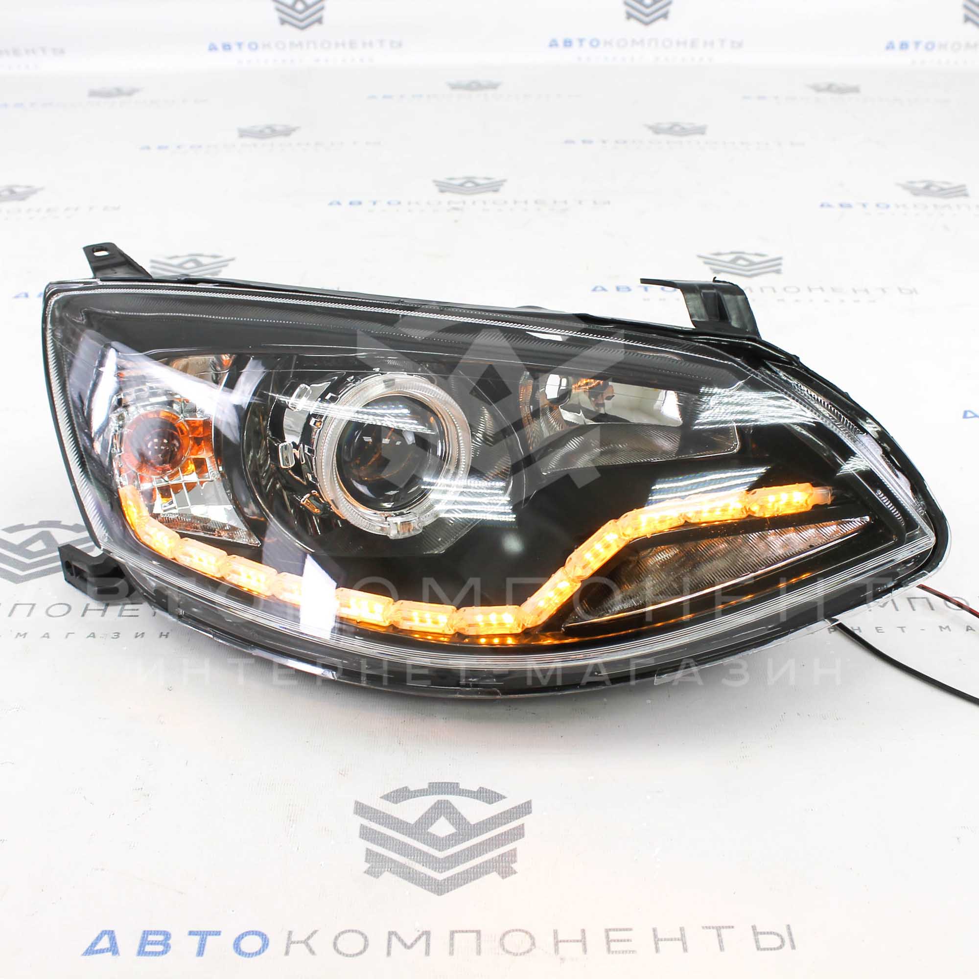 Фары с линзой и ДХО (черные) Лада Калина 2