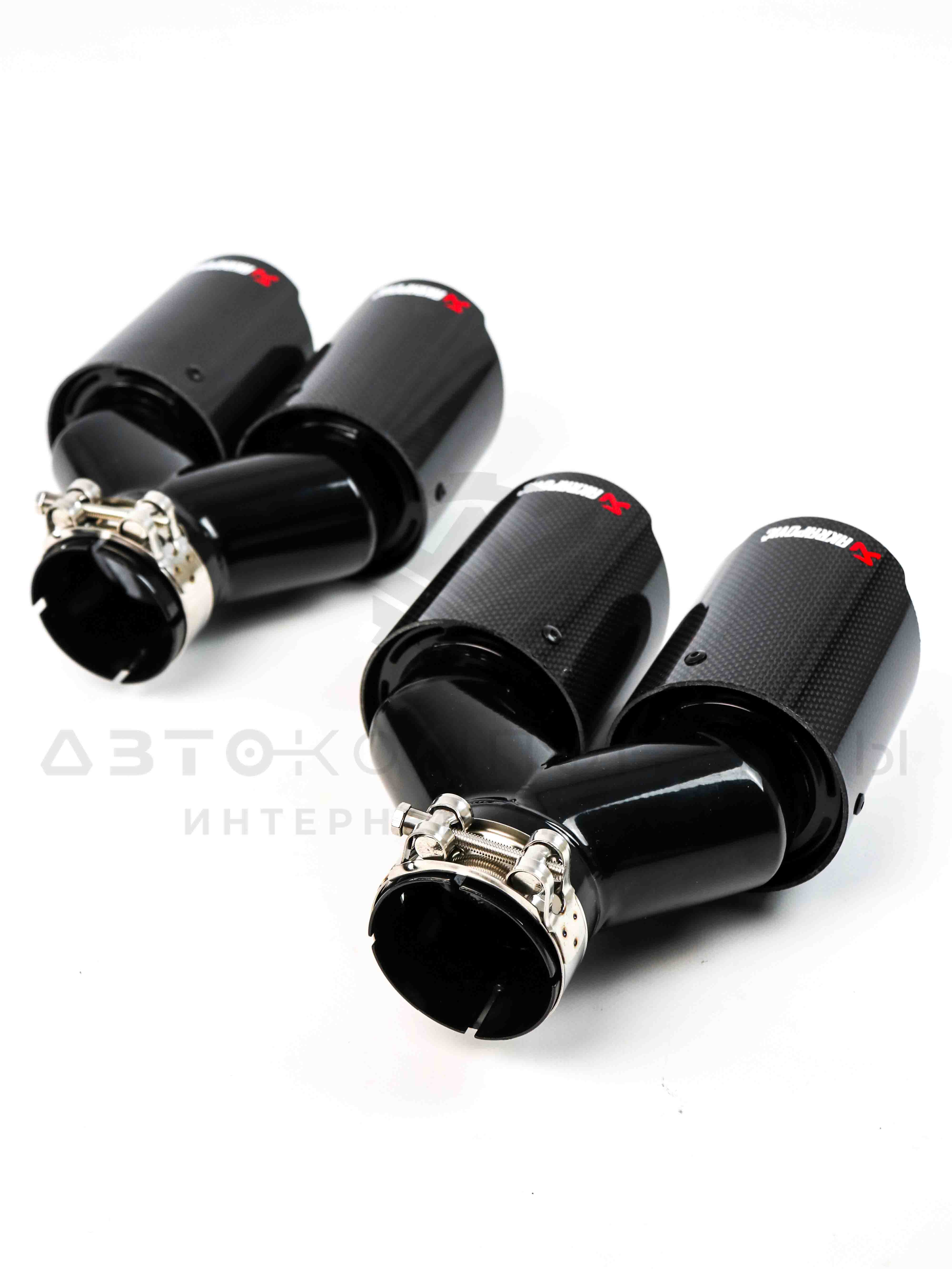 Раздвоенные насадки AKRAPOVIC (открытого типа) на глушитель 51-89мм (карбон, черные) (2 шт)