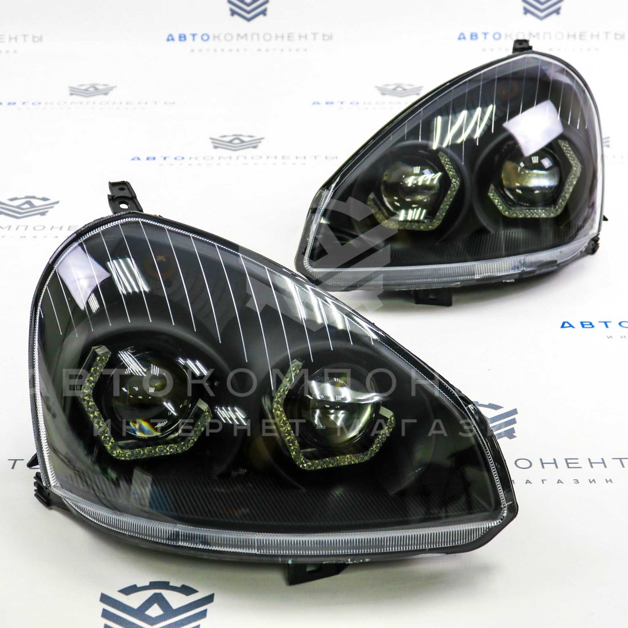 Фары Лада Приора в стиле BMW (4 Bi-LED линзы) с ДХО (черная маска)