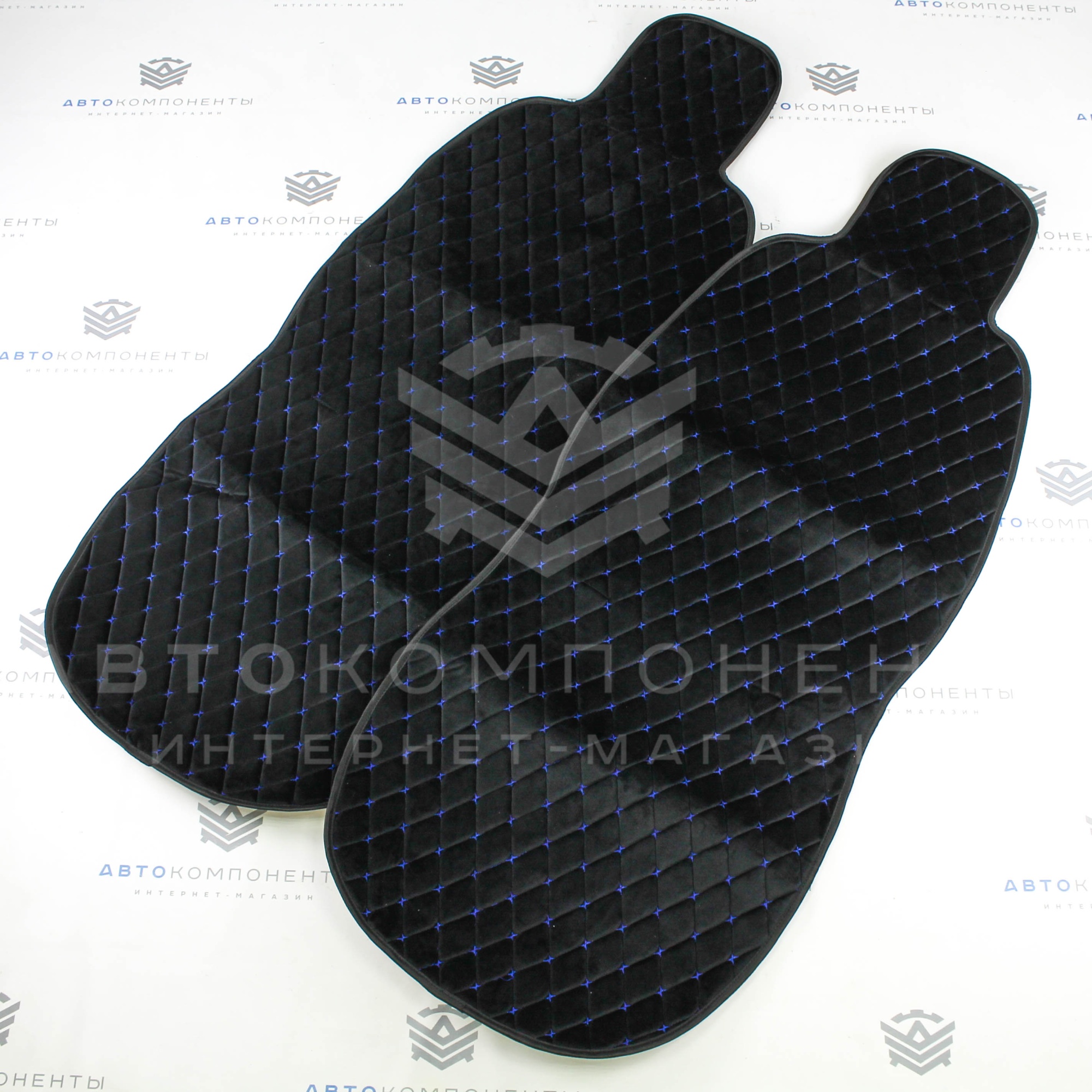 Универсальные накидки из велюра (широкие) без бортов на передние сиденья Ромб (синяя нить)