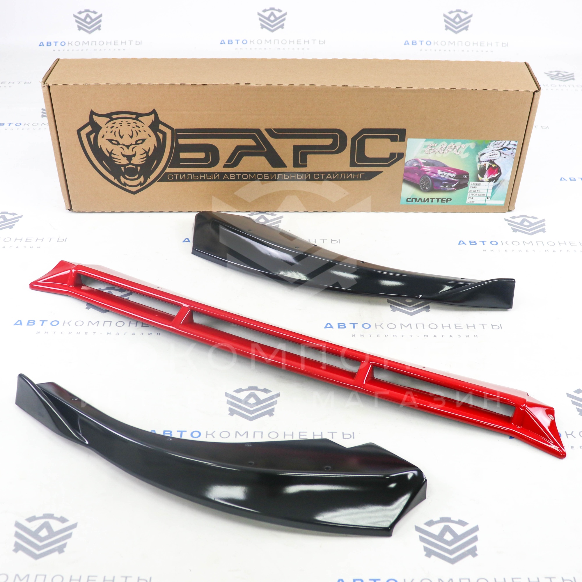 Сплиттер (губа) переднего бампера "БАРС" Лада Приора SE (черный глянец, красная середина)