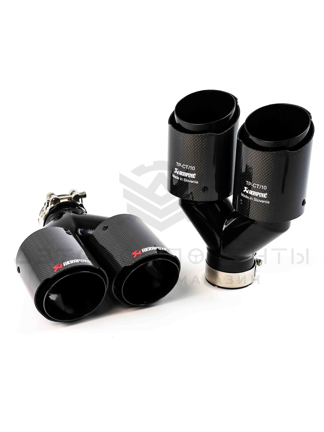 Раздвоенные насадки AKRAPOVIC (открытого типа) на глушитель 51-89мм (карбон, черные) (2 шт)