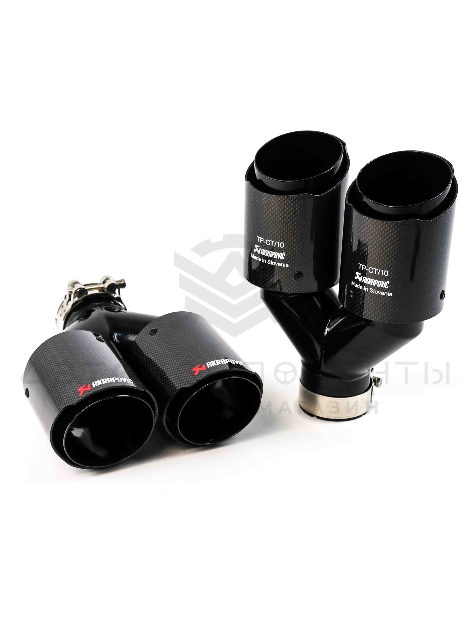 Раздвоенные насадки AKRAPOVIC (открытого типа) на глушитель 51-89мм (карбон, черные) (2 шт)