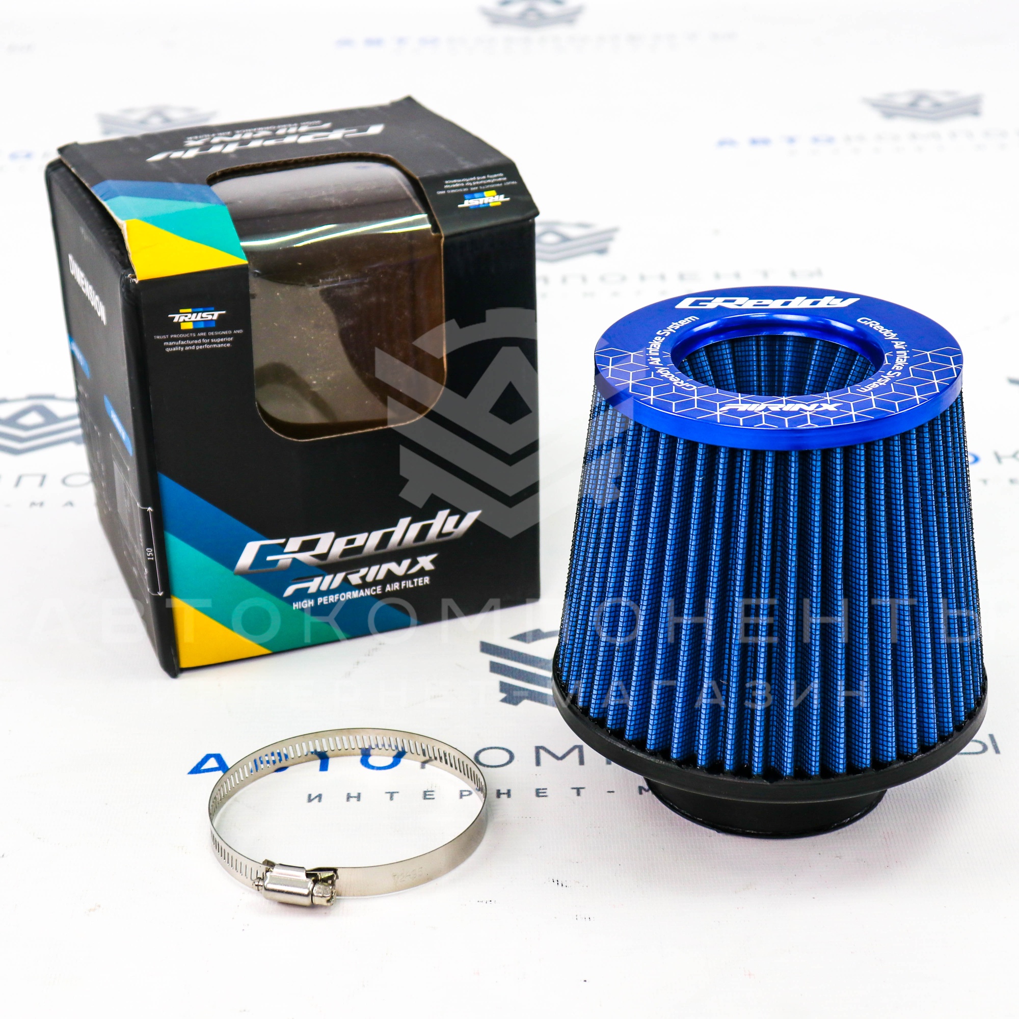Универсальный воздушный фильтр нулевого сопротивления (нулевик) "GReddy" (синий)