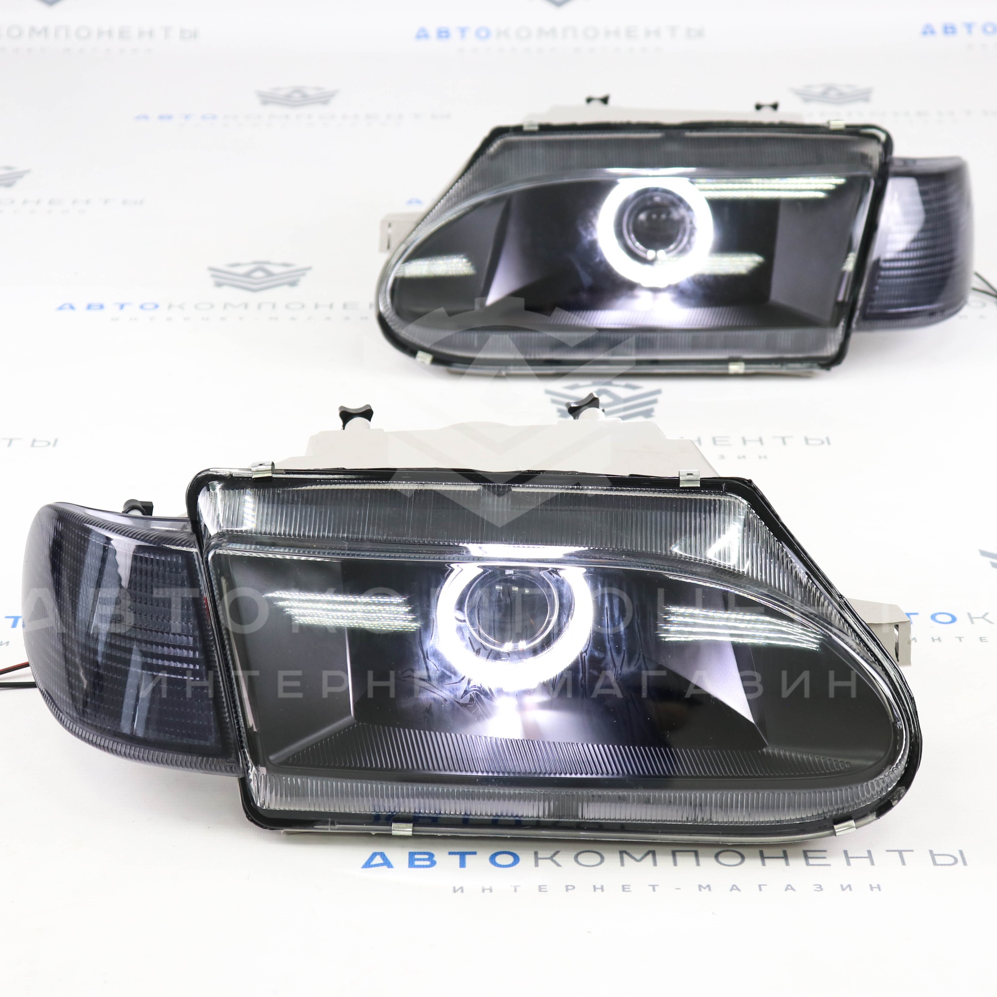 Фары с би-линзой и ДХО (черные маски) ВАЗ 2113, 2114, 2115 (тонированные поворотники)