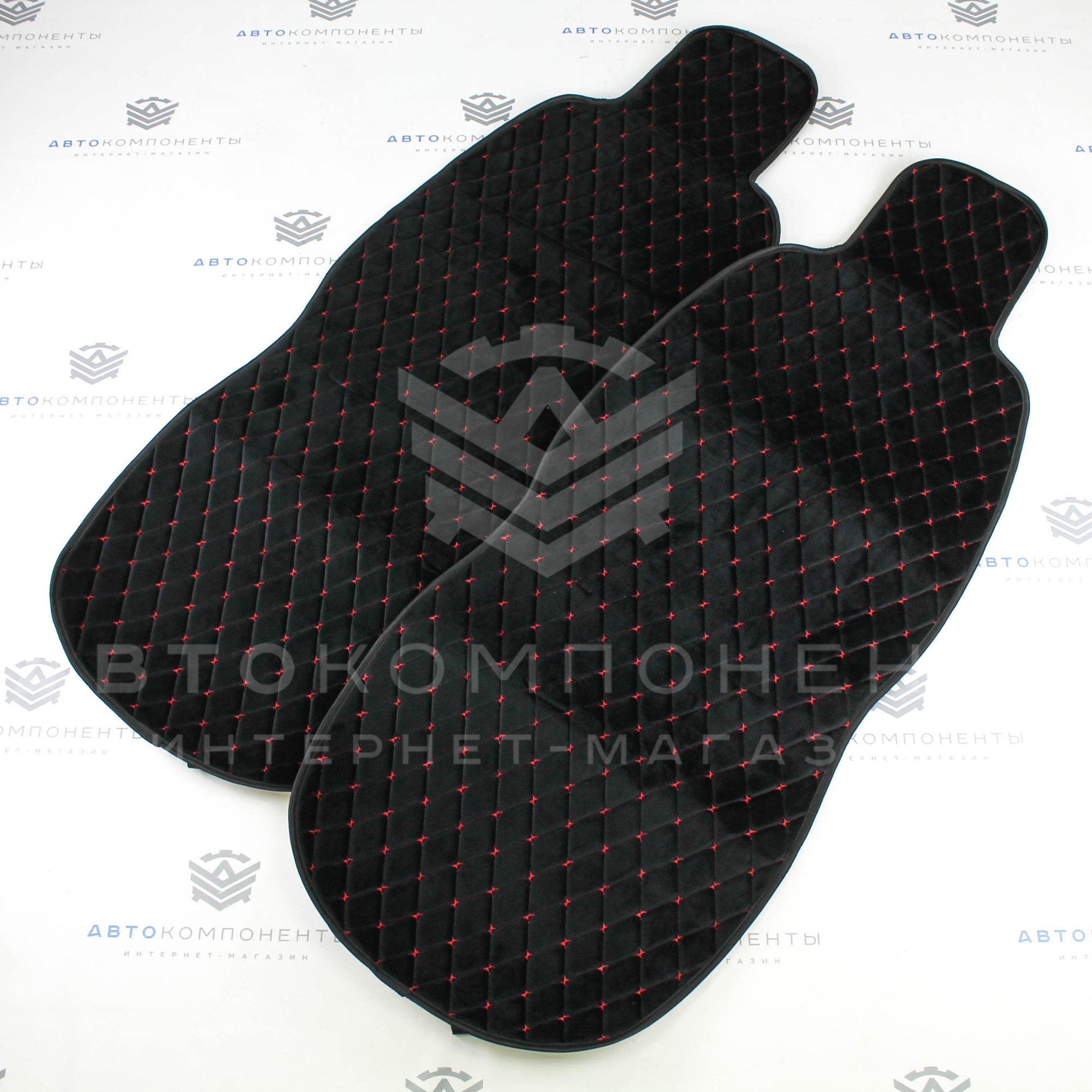 Универсальные накидки из велюра (широкие) без бортов на передние сиденья Ромб (красная нить)