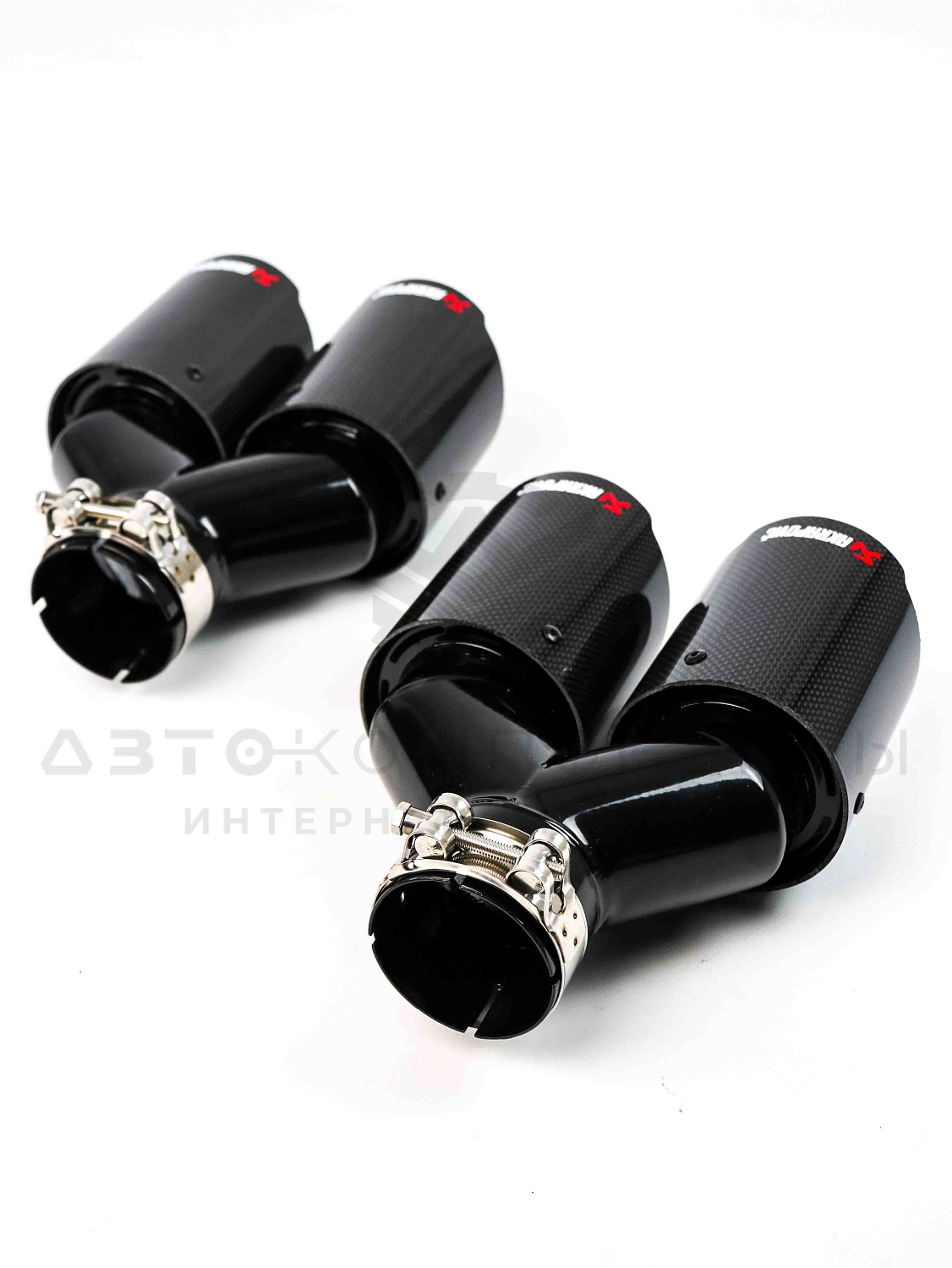 Раздвоенные насадки AKRAPOVIC (открытого типа) на глушитель 51-89мм (карбон, черные) (2 шт)