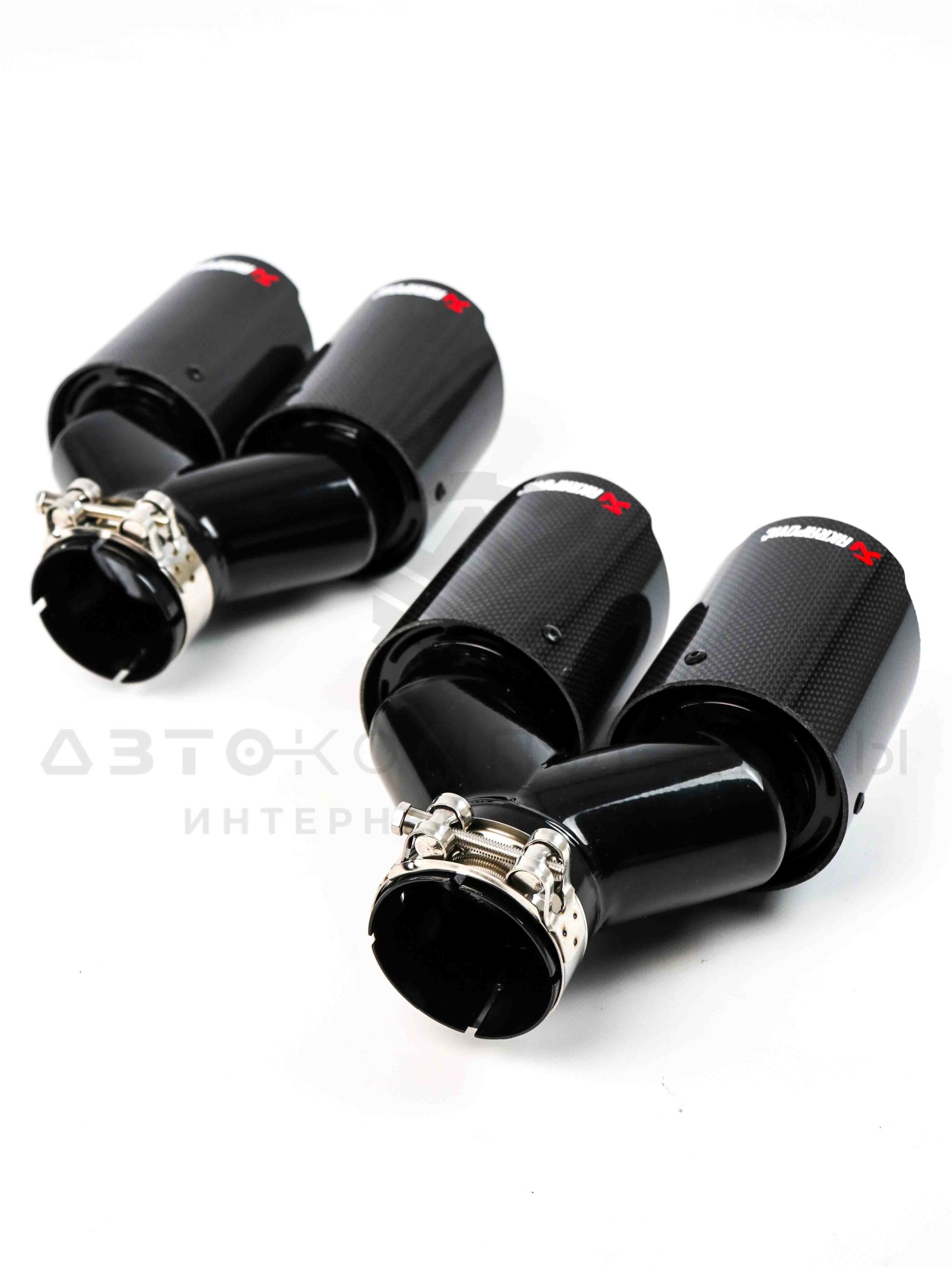Раздвоенные насадки AKRAPOVIC (открытого типа) на глушитель 51-89мм (карбон, черные) (2 шт)