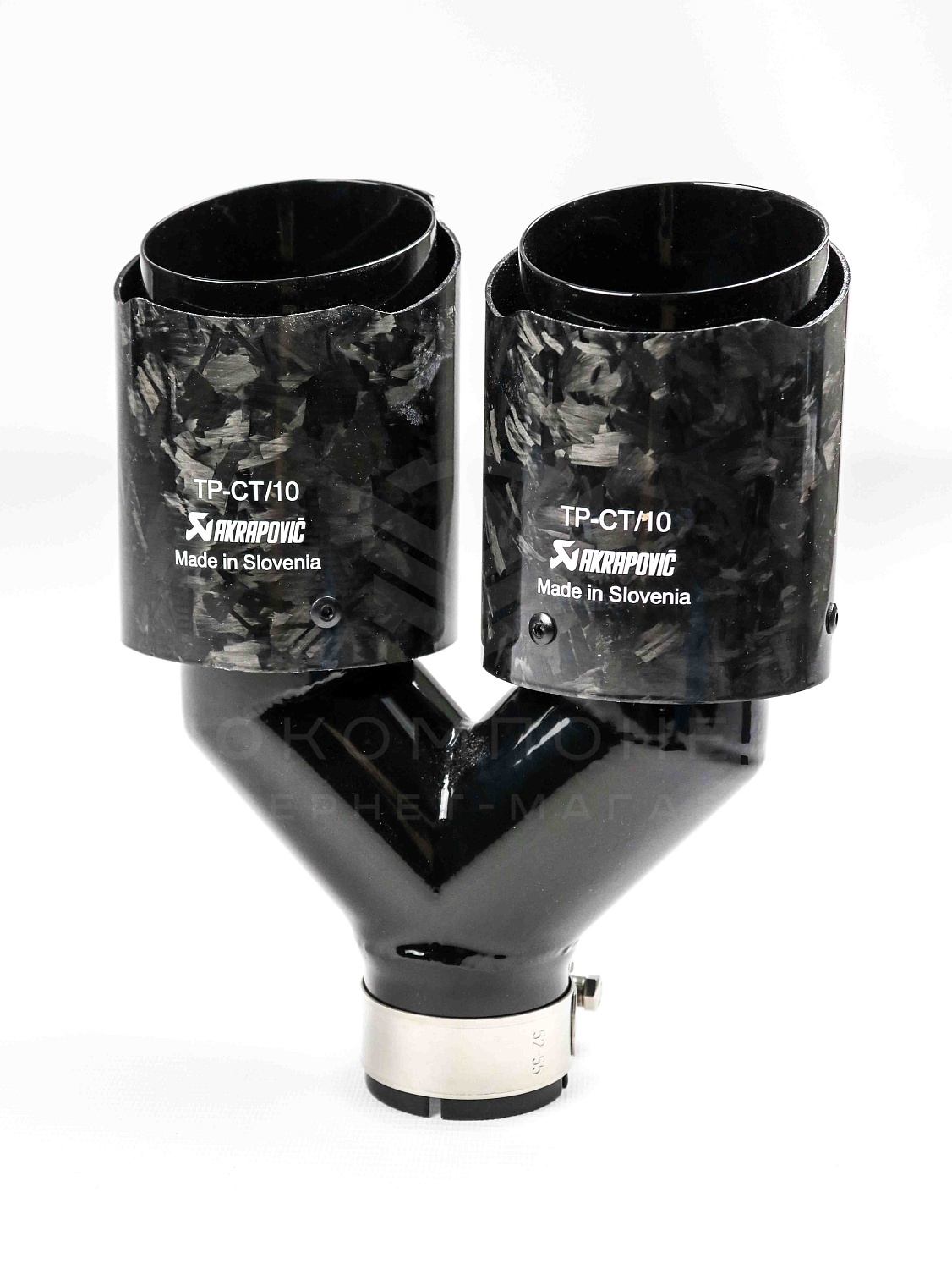 Раздвоенная насадка AKRAPOVIC (открытого типа) на глушитель (прямая) 51-89мм (кованый карбон, черная)
