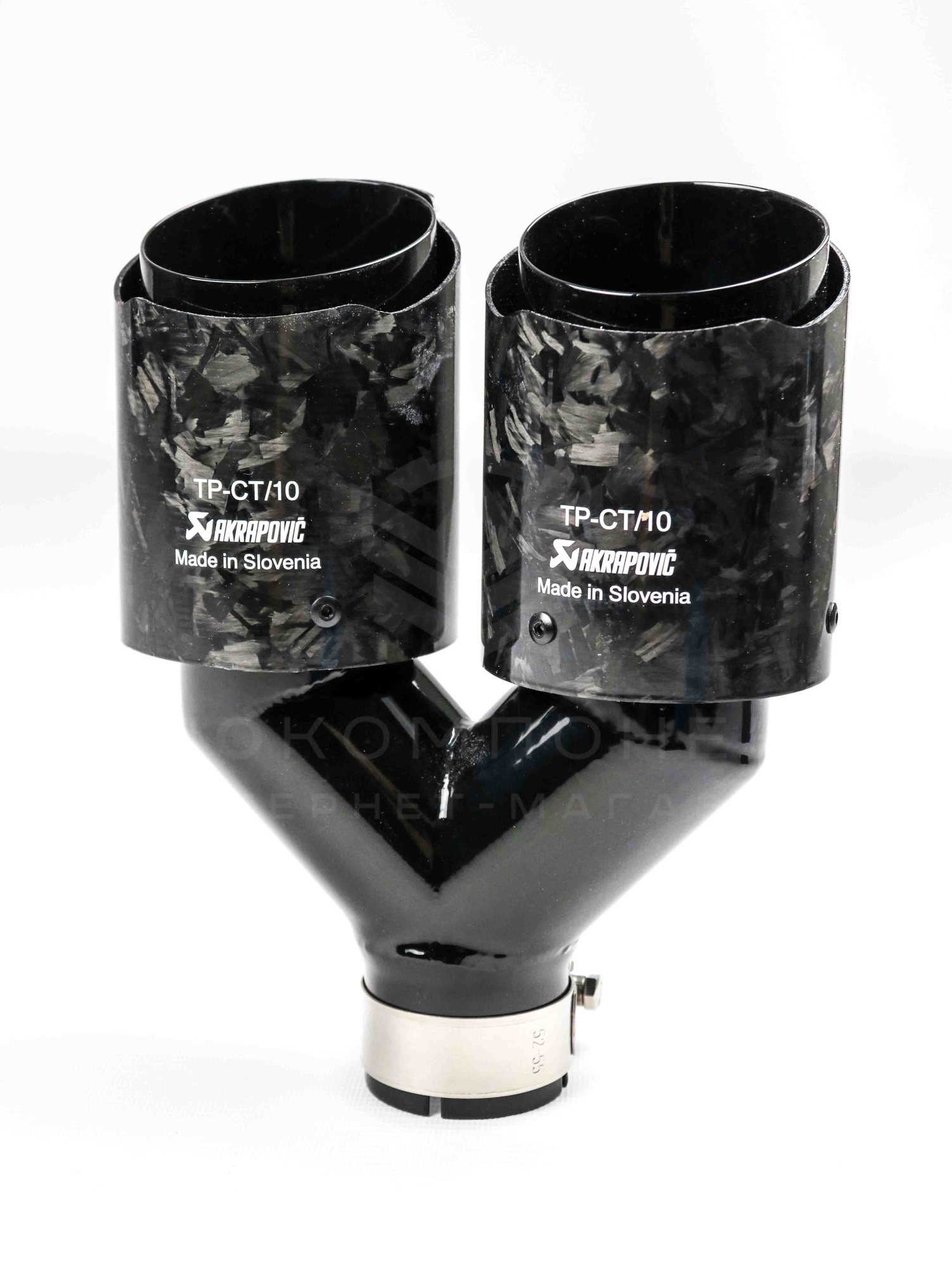 Раздвоенная насадка AKRAPOVIC (открытого типа) на глушитель (прямая) 51-89мм (кованый карбон, черная)