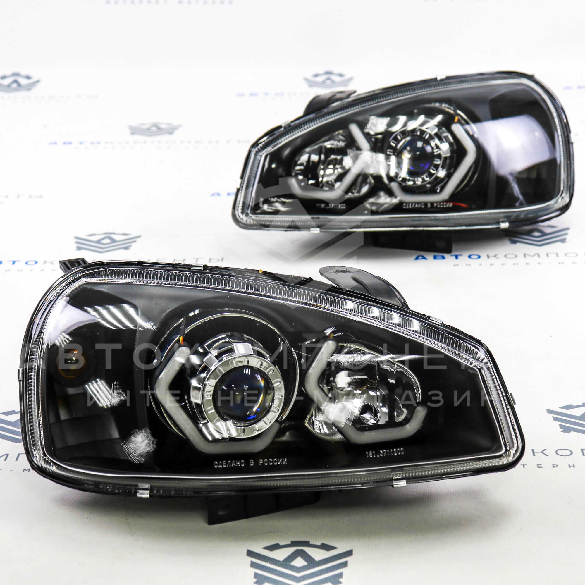 Фары Лада Калина в стиле BMW с ДХО 2 BI-LED линзы (черные)